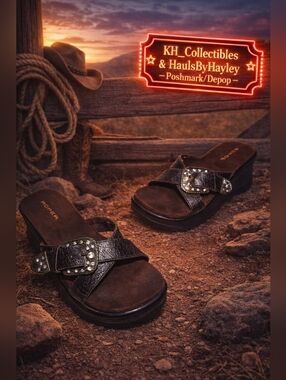 Roper Western Wedge Sandals 607 Brown Leather Bling Buckle US 8 NWOT